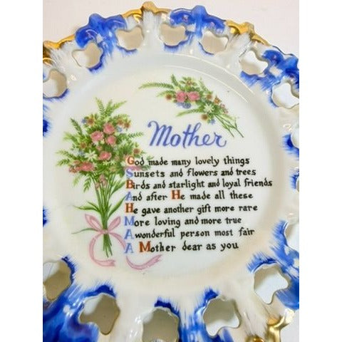 Gallery Wall Plate Sentimental Mother Poem Porcelain Floral Scalloped Pierced Edge Vintage Hand Painted  Aquality Products Kitschy Gift
