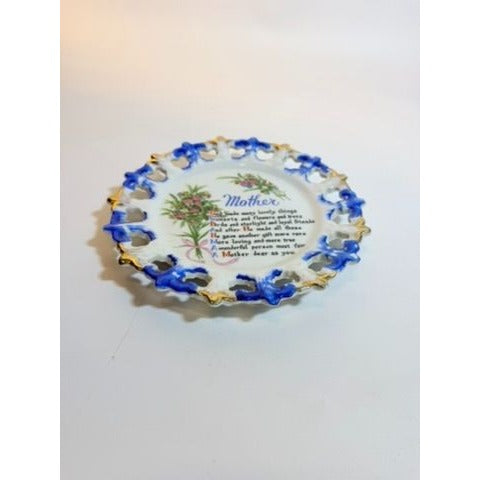 Gallery Wall Plate Sentimental Mother Poem Porcelain Floral Scalloped Pierced Edge Vintage Hand Painted  Aquality Products Kitschy Gift