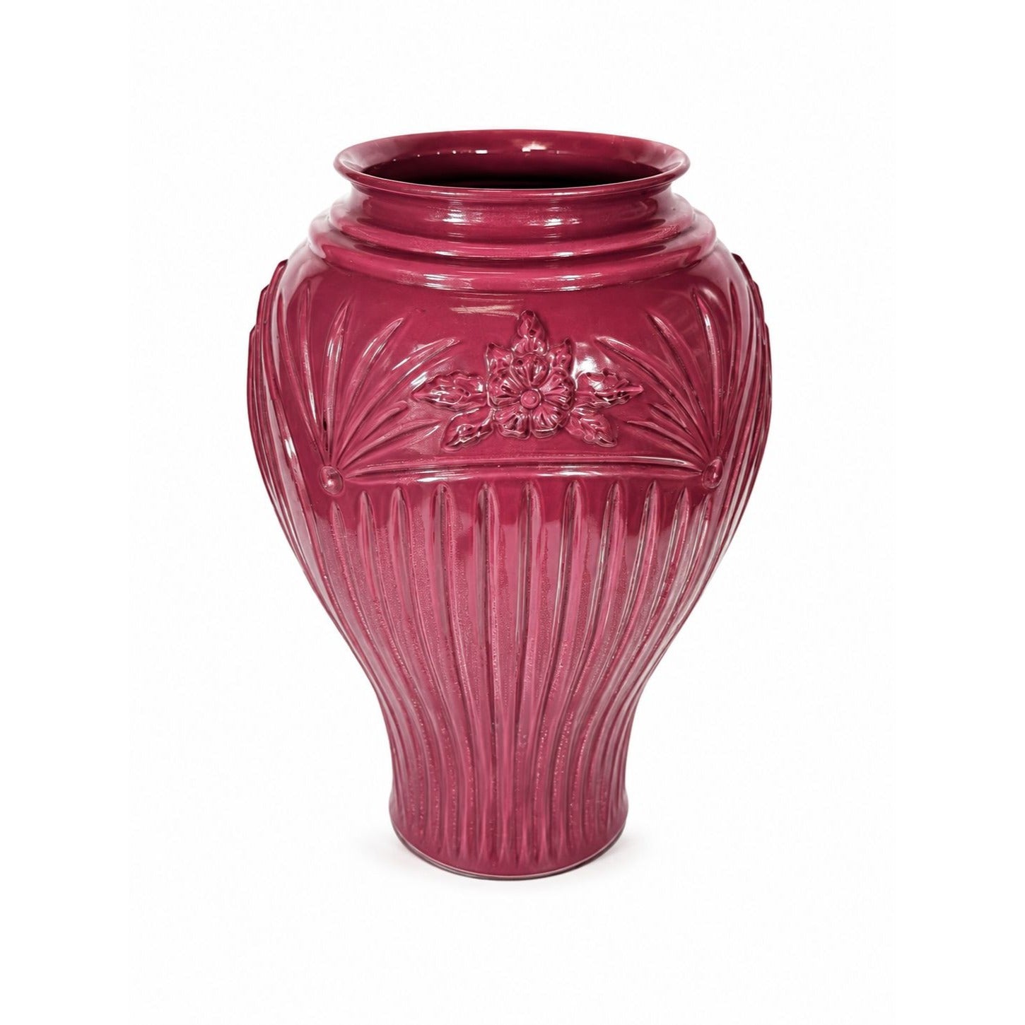 Tall Floor Vase Burgandy Maroon Anchor Hocking Cambridge Glassware Reverse Enamel Vintage 80s Retro Embossed Floral