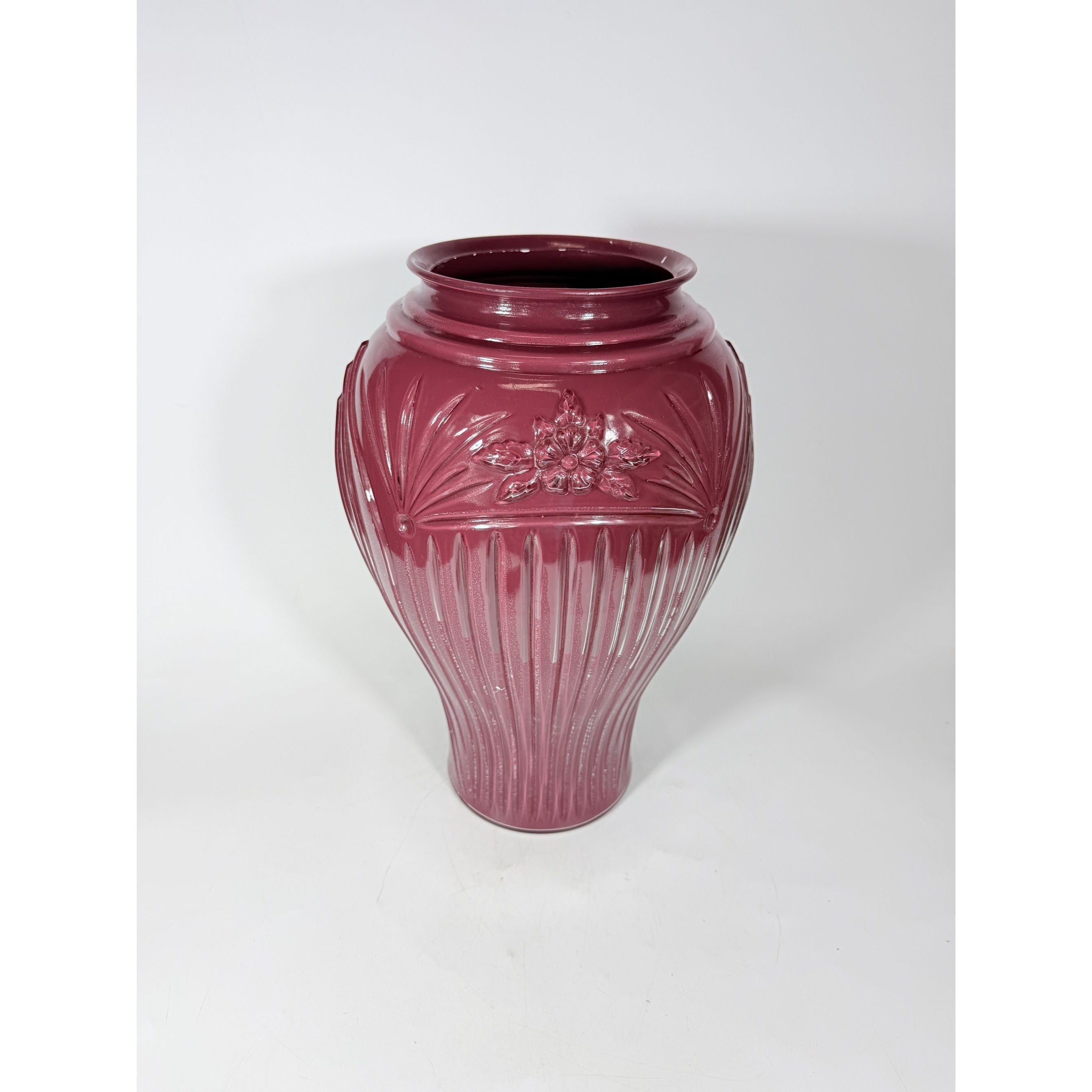 Tall Floor Vase Burgandy Maroon Anchor Hocking Cambridge Glassware Reverse Enamel Vintage 80s Retro Embossed Floral
