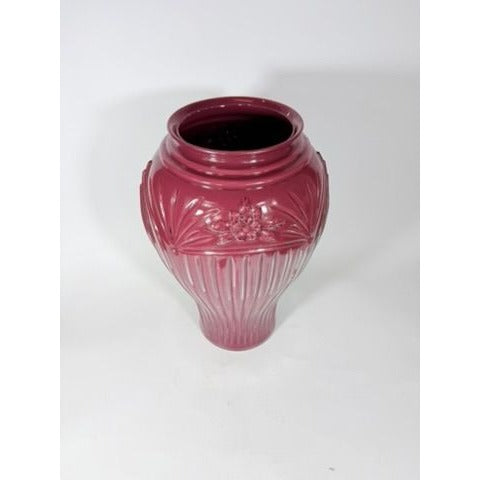 Tall Floor Vase Burgandy Maroon Anchor Hocking Cambridge Glassware Reverse Enamel Vintage 80s Retro Embossed Floral