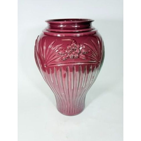 Tall Floor Vase Burgandy Maroon Anchor Hocking Cambridge Glassware Reverse Enamel Vintage 80s Retro Embossed Floral