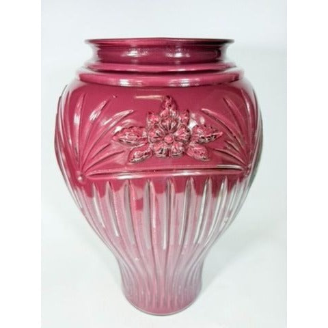 Tall Floor Vase Burgandy Maroon Anchor Hocking Cambridge Glassware Reverse Enamel Vintage 80s Retro Embossed Floral