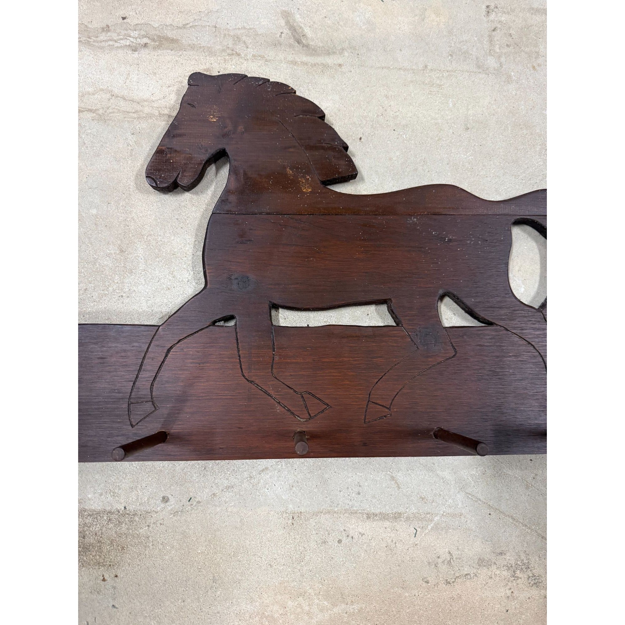 Wood Horse Shelf Peg Rack Hats Coats Handmade Vintage Wall Home Decor Entrance Mud Room Decorative Accents Cottage Core Primitve Folk Art
