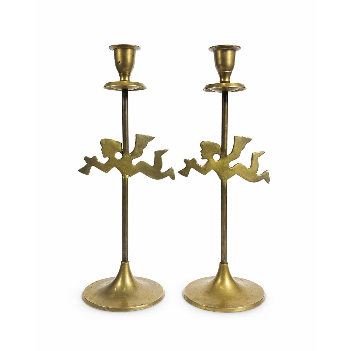 Solid Brass Taper Candle Holders Churub Angel Flying Trumpets Set 2 Pair Vintage Unique Decor Tablescape Holiday Christmas Entertaining