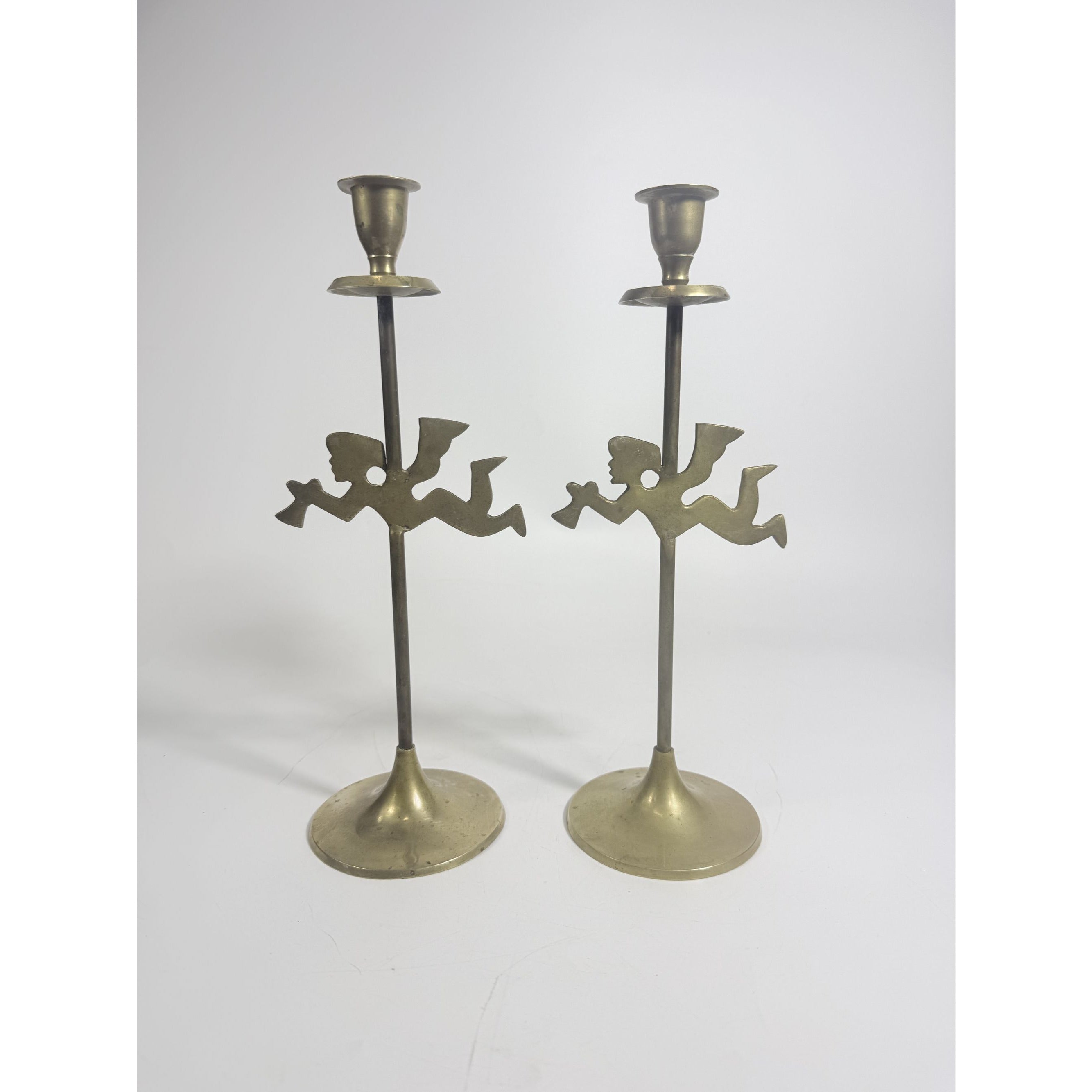 Solid Brass Taper Candle Holders Churub Angel Flying Trumpets Set 2 Pair Vintage Unique Decor Tablescape Holiday Christmas Entertaining