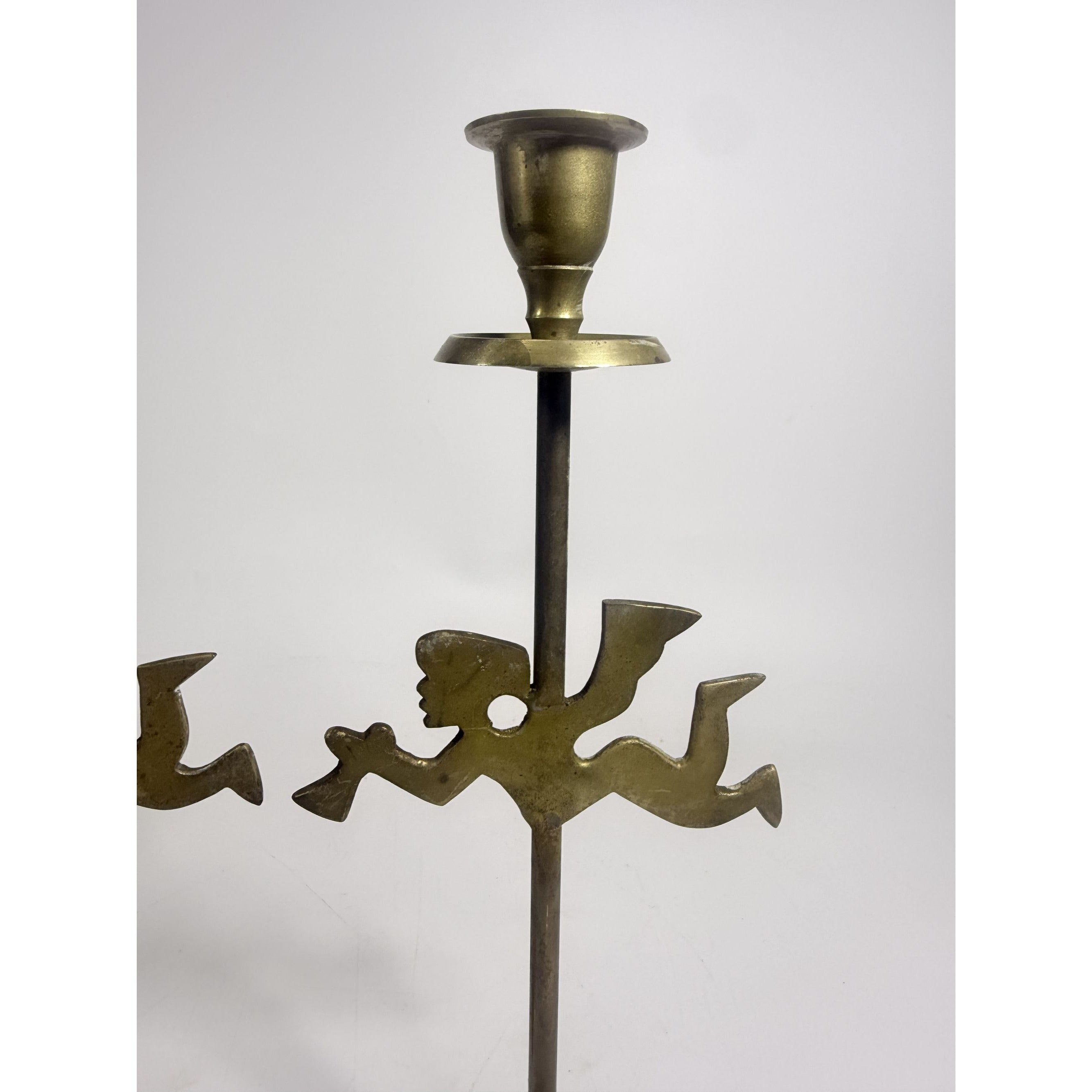Solid Brass Taper Candle Holders Churub Angel Flying Trumpets Set 2 Pair Vintage Unique Decor Tablescape Holiday Christmas Entertaining