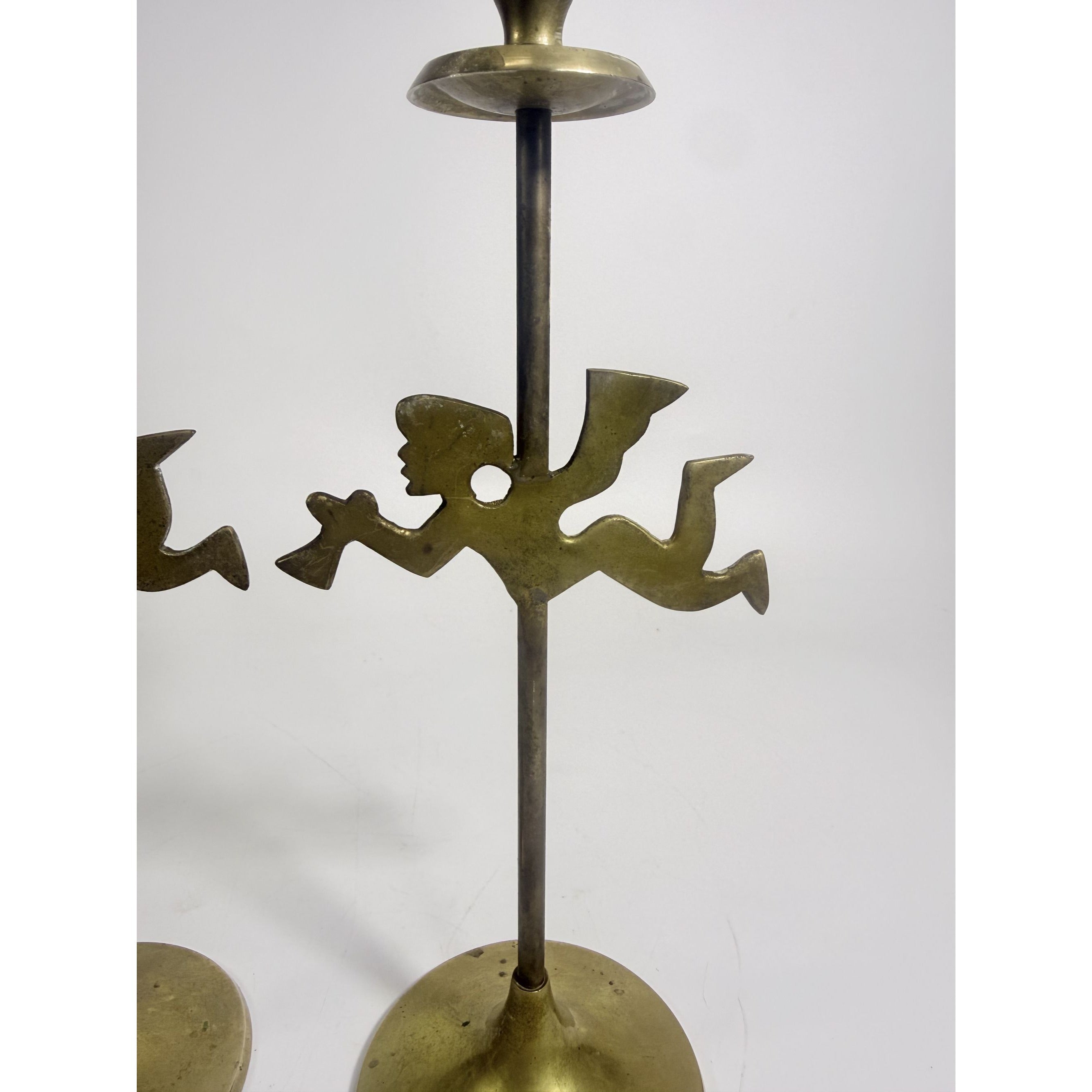 Solid Brass Taper Candle Holders Churub Angel Flying Trumpets Set 2 Pair Vintage Unique Decor Tablescape Holiday Christmas Entertaining