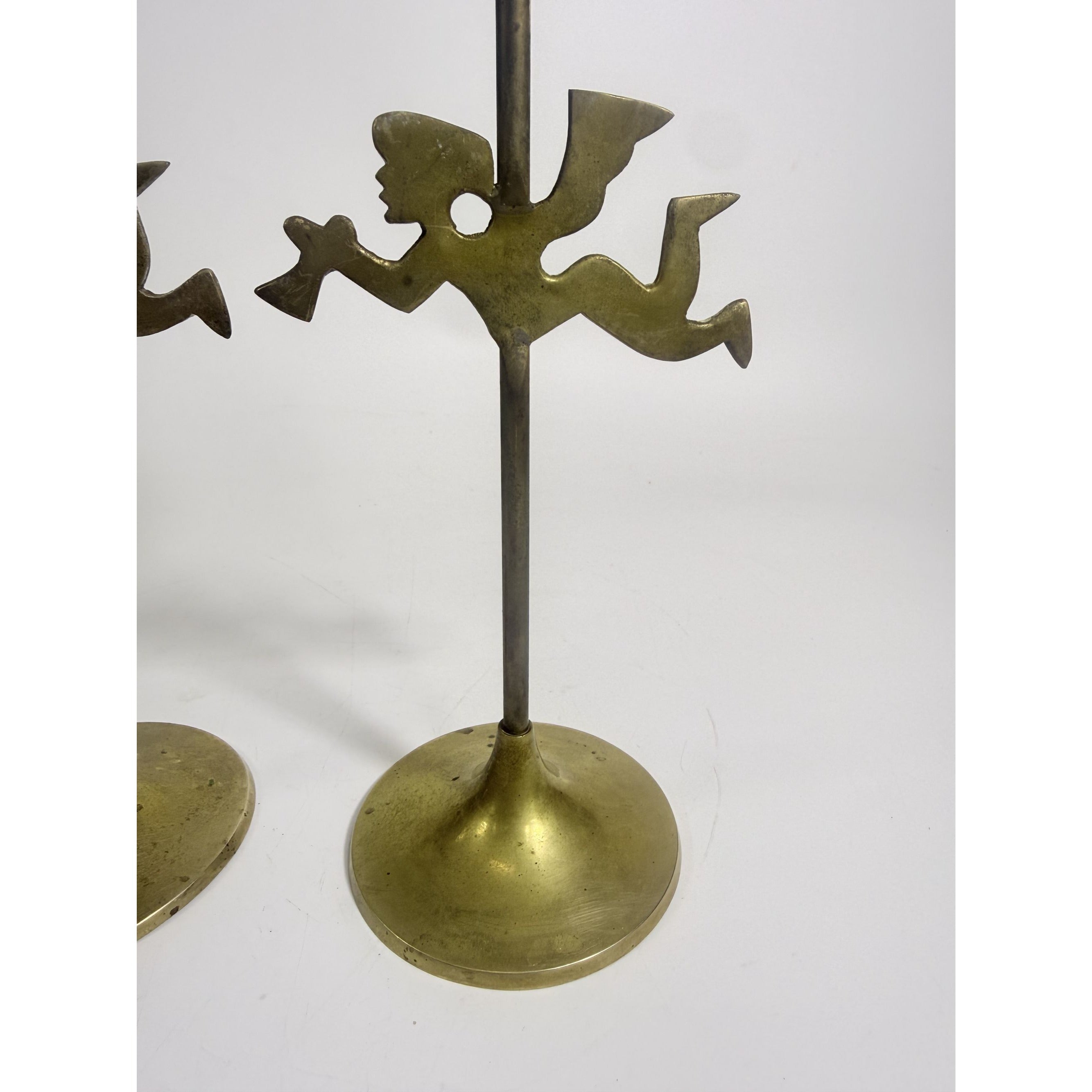 Solid Brass Taper Candle Holders Churub Angel Flying Trumpets Set 2 Pair Vintage Unique Decor Tablescape Holiday Christmas Entertaining