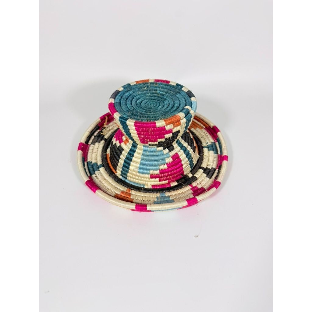 Plate Stand Riser Hand Woven Coil Basket Style Kitchen Home Decor Serving Ware Colorful African Handmade