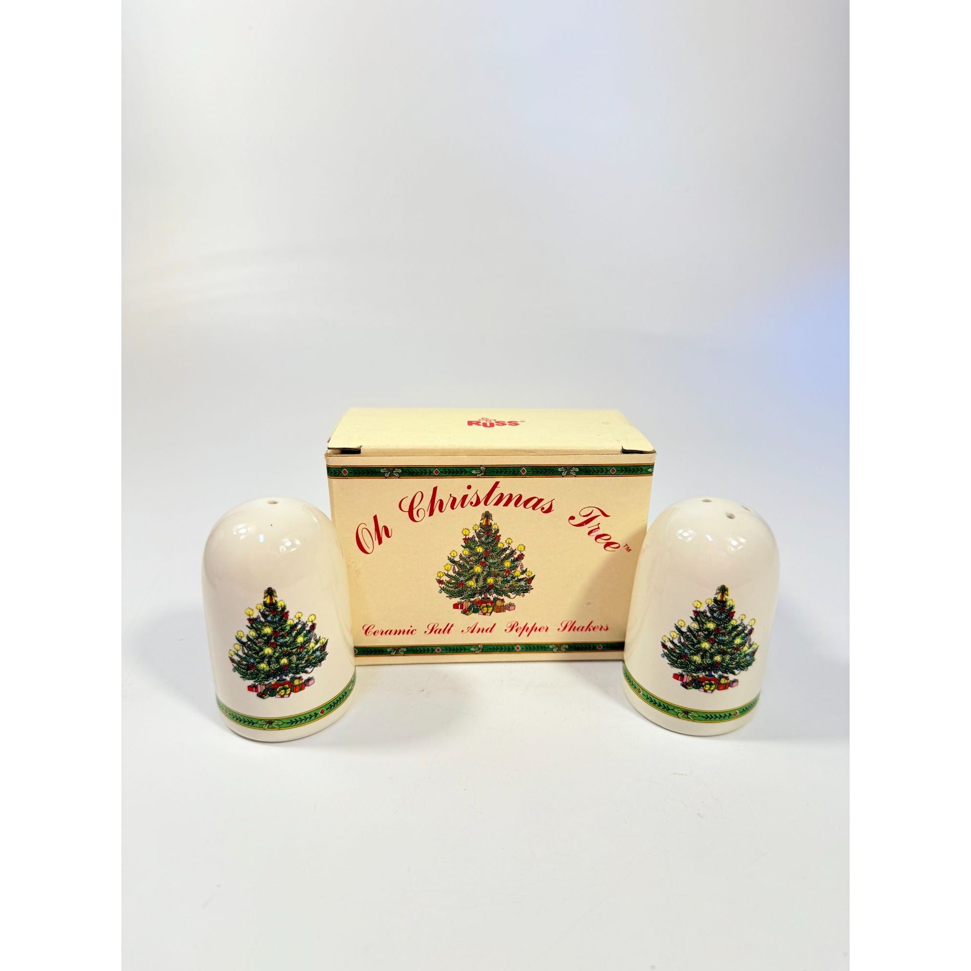 Vintage Russ Berrie Christmas Tree Ceramic Salt & Pepper Shakers Pair| Kitchen Decor Tablescape Holiday Seasonal Table Hostess Party