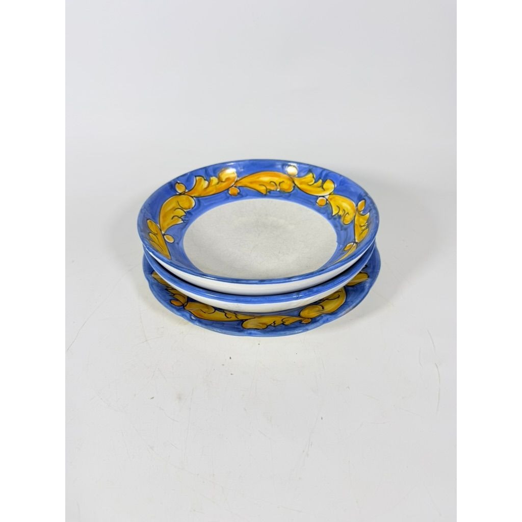 Salad Plate Bowls Set 3 Vietri Solimente Pottery Italian Florentine Replacement China Vintage Blue Yellow Fleur de lis Hand Painted