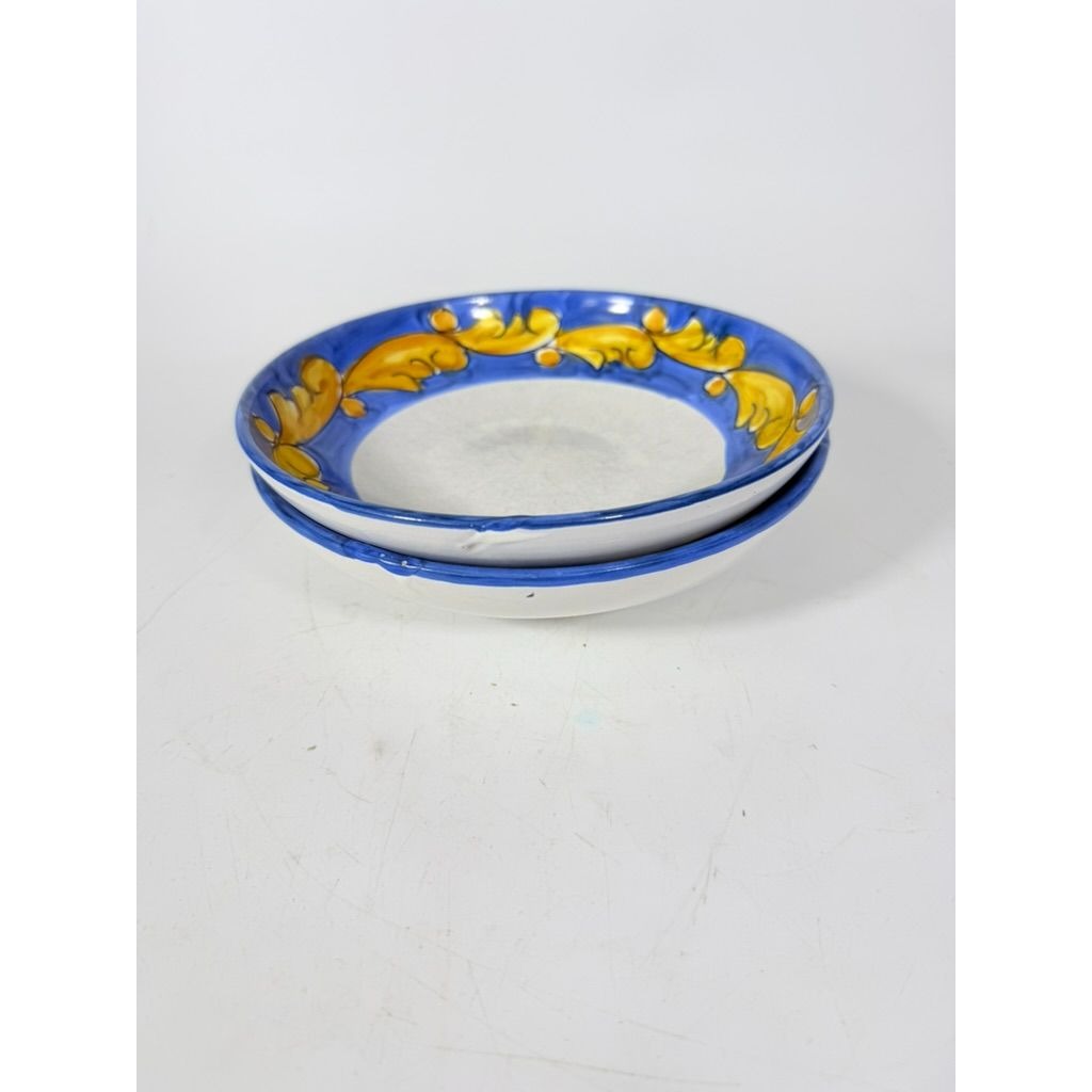 Salad Plate Bowls Set 3 Vietri Solimente Pottery Italian Florentine Replacement China Vintage Blue Yellow Fleur de lis Hand Painted