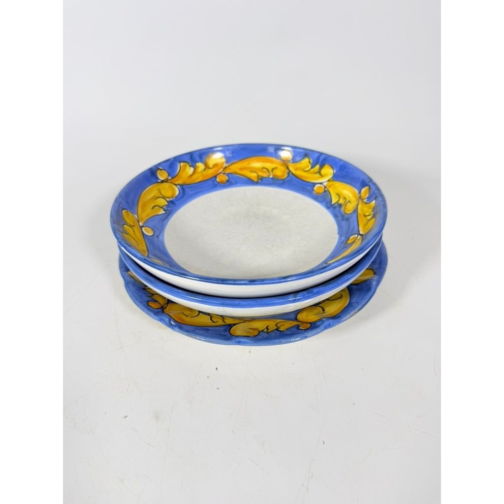 Salad Plate Bowls Set 3 Vietri Solimente Pottery Italian Florentine Replacement China Vintage Blue Yellow Fleur de lis Hand Painted