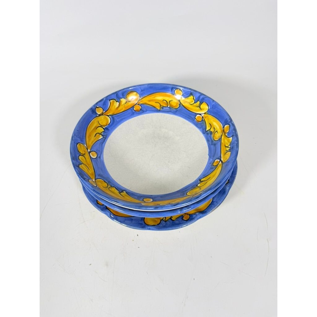 Salad Plate Bowls Set 3 Vietri Solimente Pottery Italian Florentine Replacement China Vintage Blue Yellow Fleur de lis Hand Painted