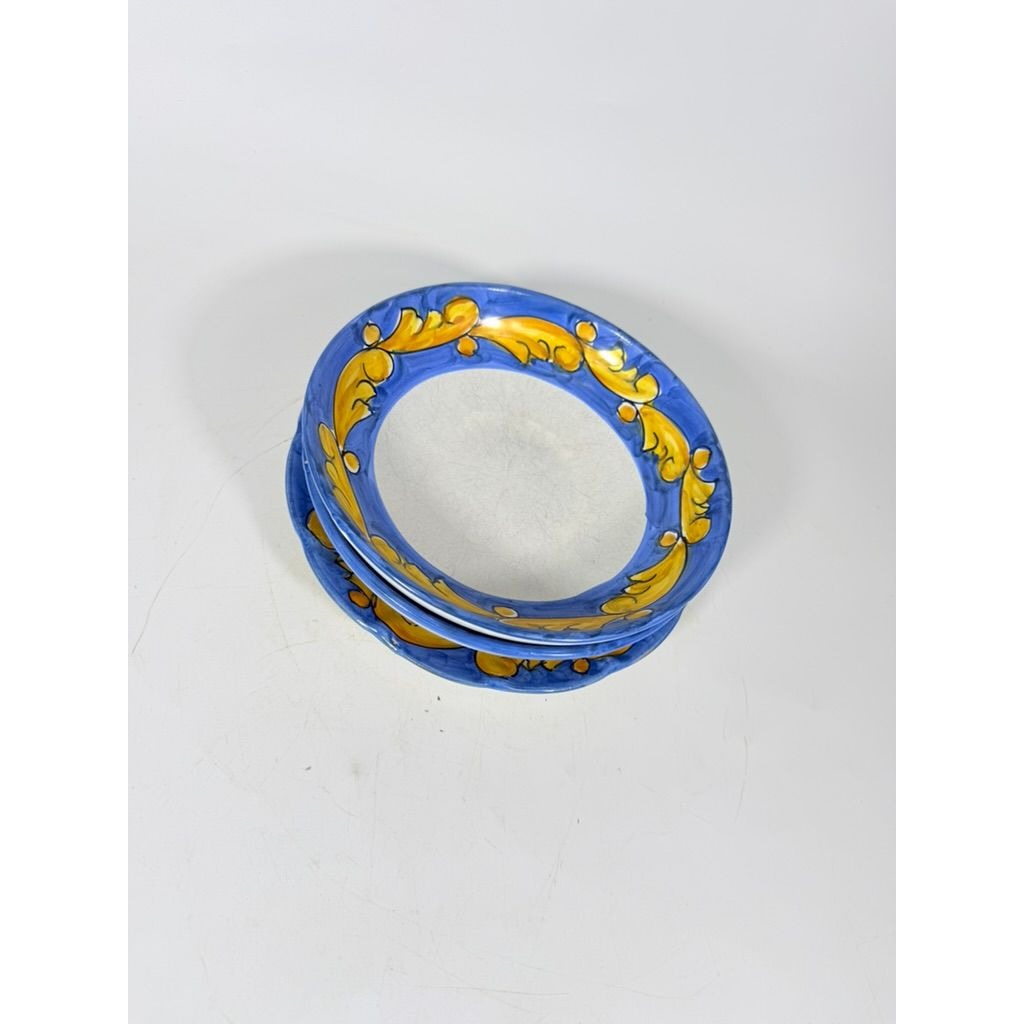 Salad Plate Bowls Set 3 Vietri Solimente Pottery Italian Florentine Replacement China Vintage Blue Yellow Fleur de lis Hand Painted