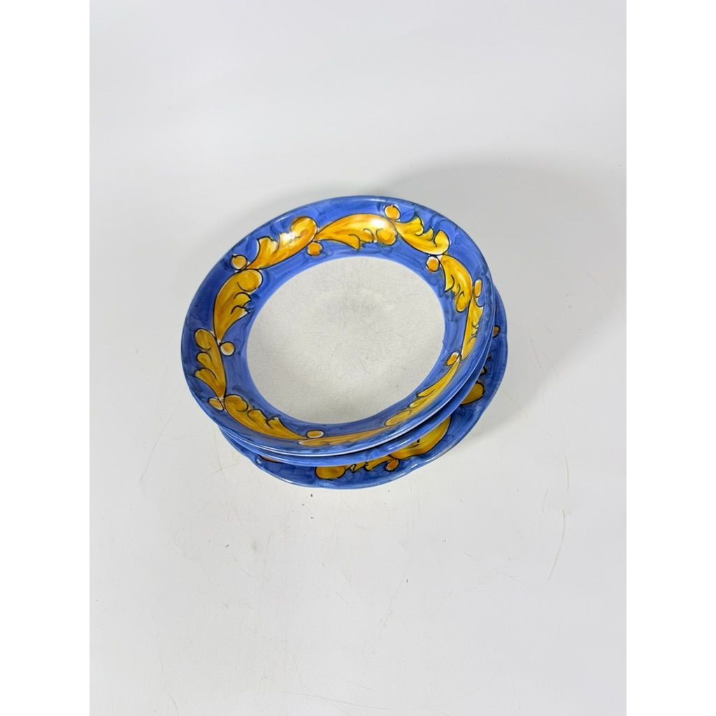 Salad Plate Bowls Set 3 Vietri Solimente Pottery Italian Florentine Replacement China Vintage Blue Yellow Fleur de lis Hand Painted