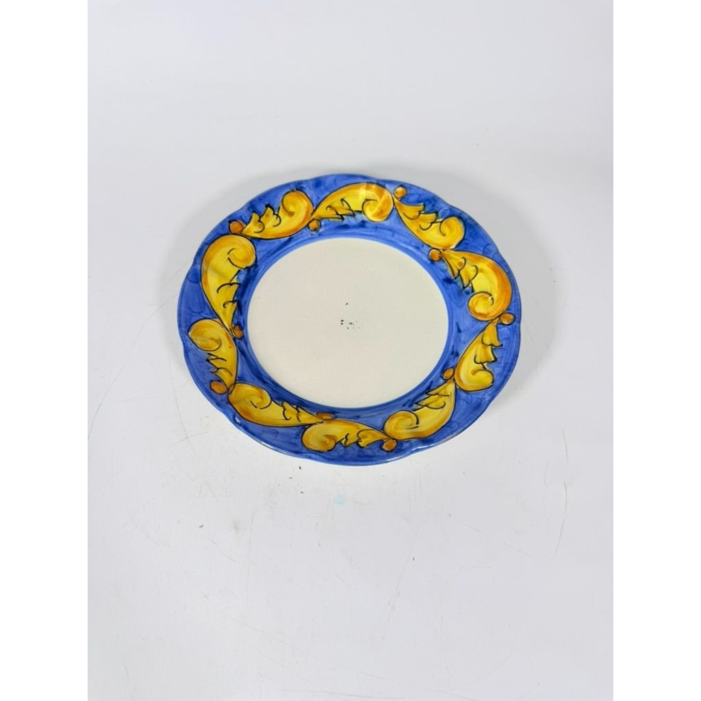 Salad Plate Bowls Set 3 Vietri Solimente Pottery Italian Florentine Replacement China Vintage Blue Yellow Fleur de lis Hand Painted