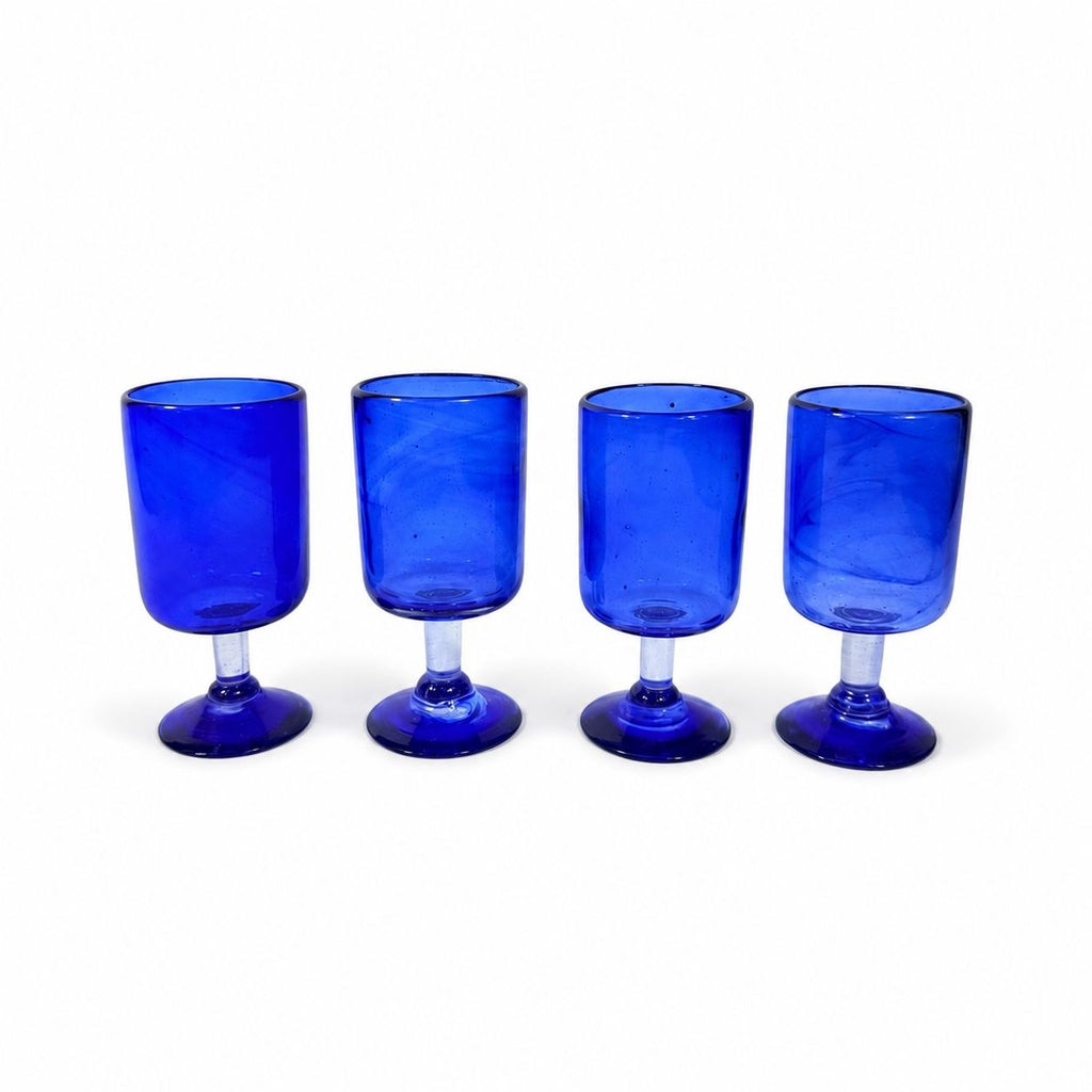 Wine Glasses Hand Blown Cobalt Blue  Set 4 Stemmed Glassware Collectible Barware Artisanal craftsmanship Wedding Gift Hostess Party