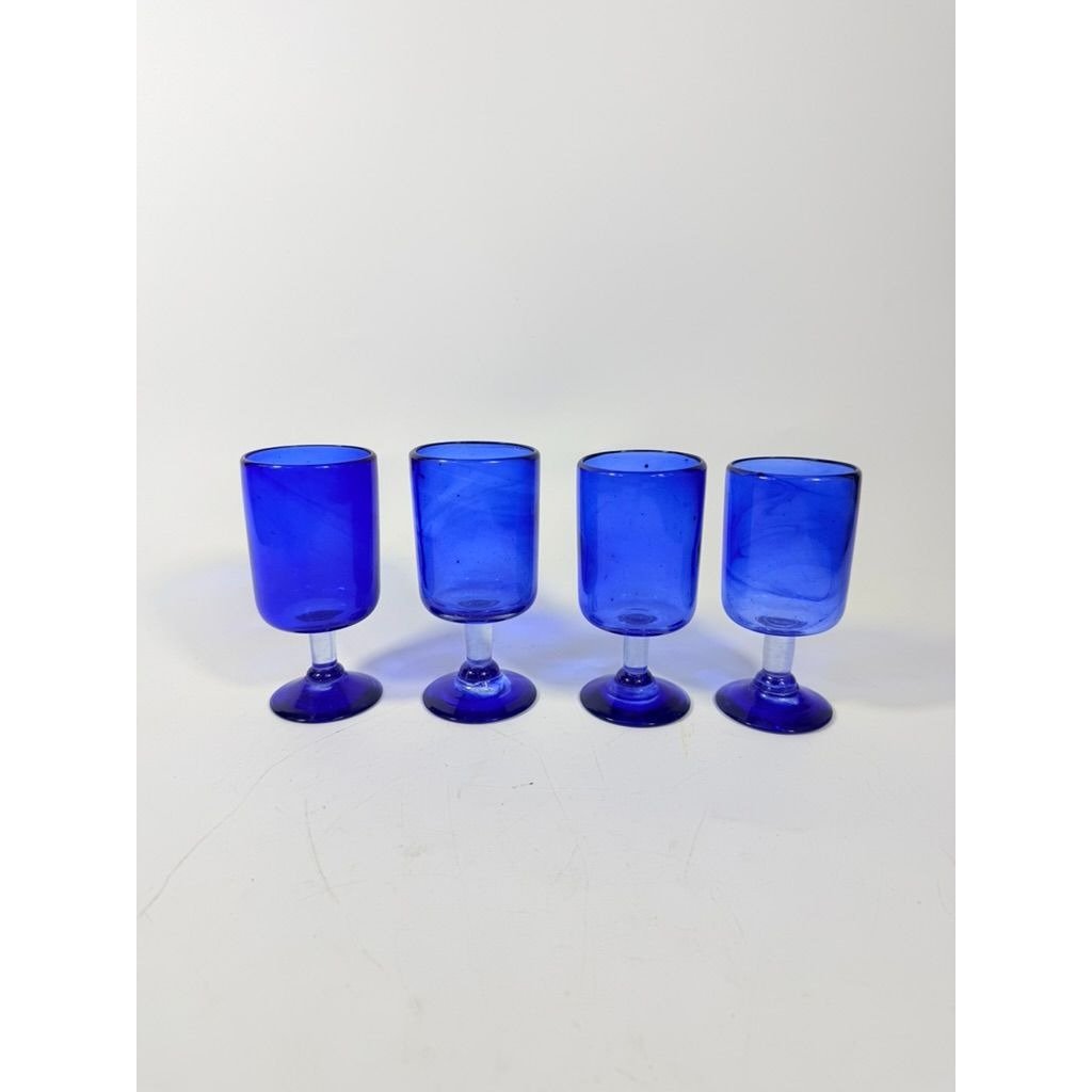 Wine Glasses Hand Blown Cobalt Blue  Set 4 Stemmed Glassware Collectible Barware Artisanal craftsmanship Wedding Gift Hostess Party