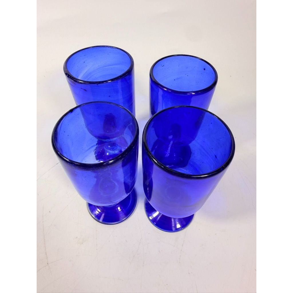 Wine Glasses Hand Blown Cobalt Blue  Set 4 Stemmed Glassware Collectible Barware Artisanal craftsmanship Wedding Gift Hostess Party