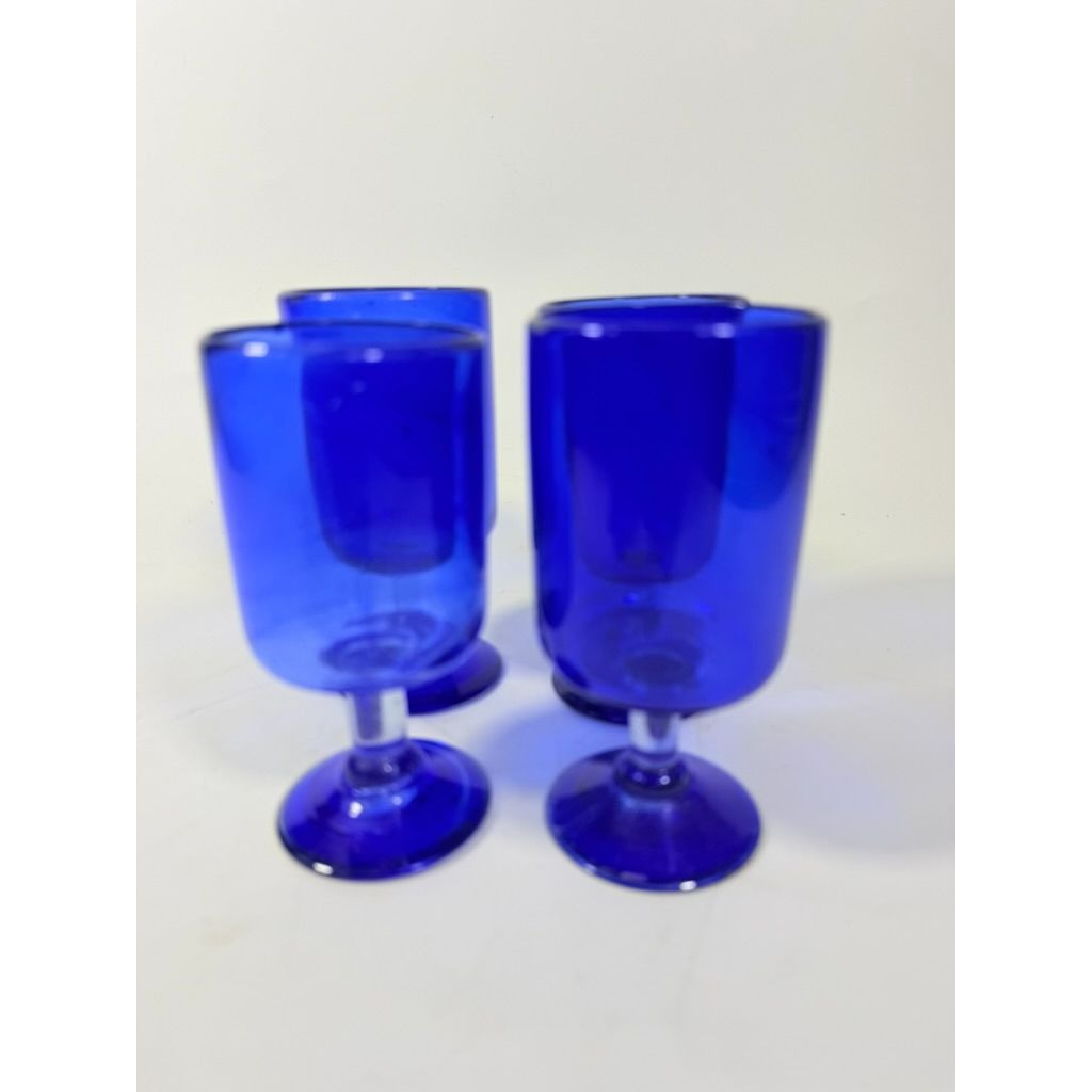 Wine Glasses Hand Blown Cobalt Blue  Set 4 Stemmed Glassware Collectible Barware Artisanal craftsmanship Wedding Gift Hostess Party