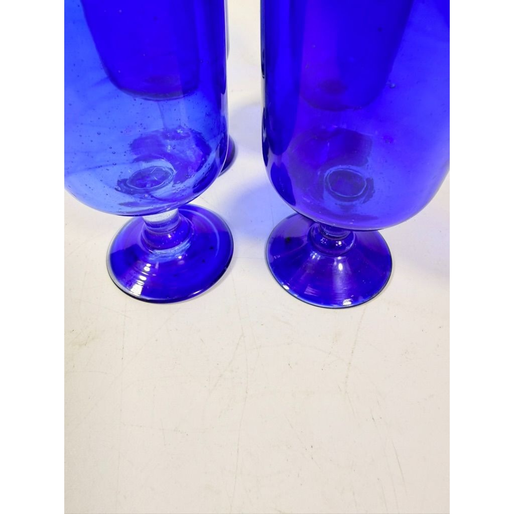 Wine Glasses Hand Blown Cobalt Blue  Set 4 Stemmed Glassware Collectible Barware Artisanal craftsmanship Wedding Gift Hostess Party