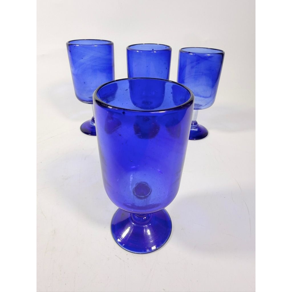 Wine Glasses Hand Blown Cobalt Blue  Set 4 Stemmed Glassware Collectible Barware Artisanal craftsmanship Wedding Gift Hostess Party