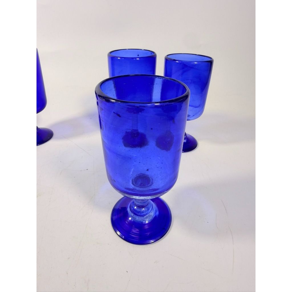Wine Glasses Hand Blown Cobalt Blue  Set 4 Stemmed Glassware Collectible Barware Artisanal craftsmanship Wedding Gift Hostess Party