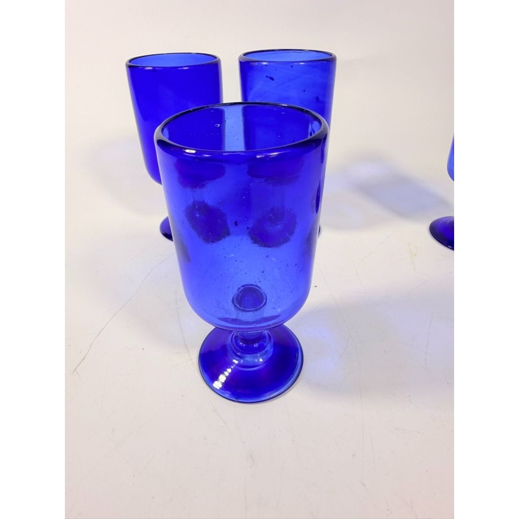 Wine Glasses Hand Blown Cobalt Blue  Set 4 Stemmed Glassware Collectible Barware Artisanal craftsmanship Wedding Gift Hostess Party