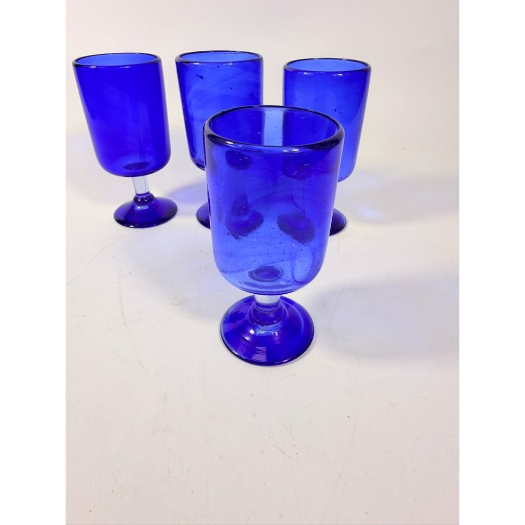 Wine Glasses Hand Blown Cobalt Blue  Set 4 Stemmed Glassware Collectible Barware Artisanal craftsmanship Wedding Gift Hostess Party