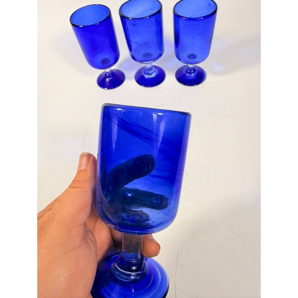 Wine Glasses Hand Blown Cobalt Blue  Set 4 Stemmed Glassware Collectible Barware Artisanal craftsmanship Wedding Gift Hostess Party
