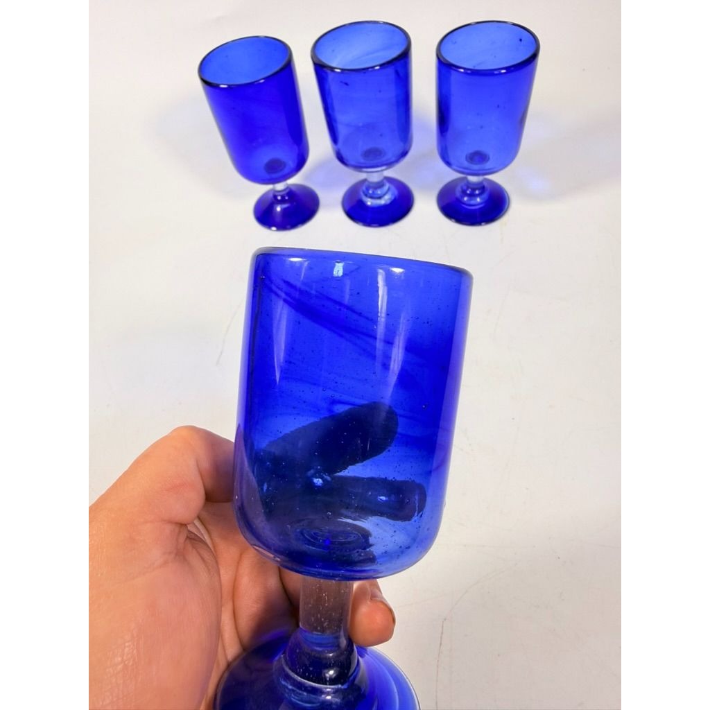 Wine Glasses Hand Blown Cobalt Blue  Set 4 Stemmed Glassware Collectible Barware Artisanal craftsmanship Wedding Gift Hostess Party