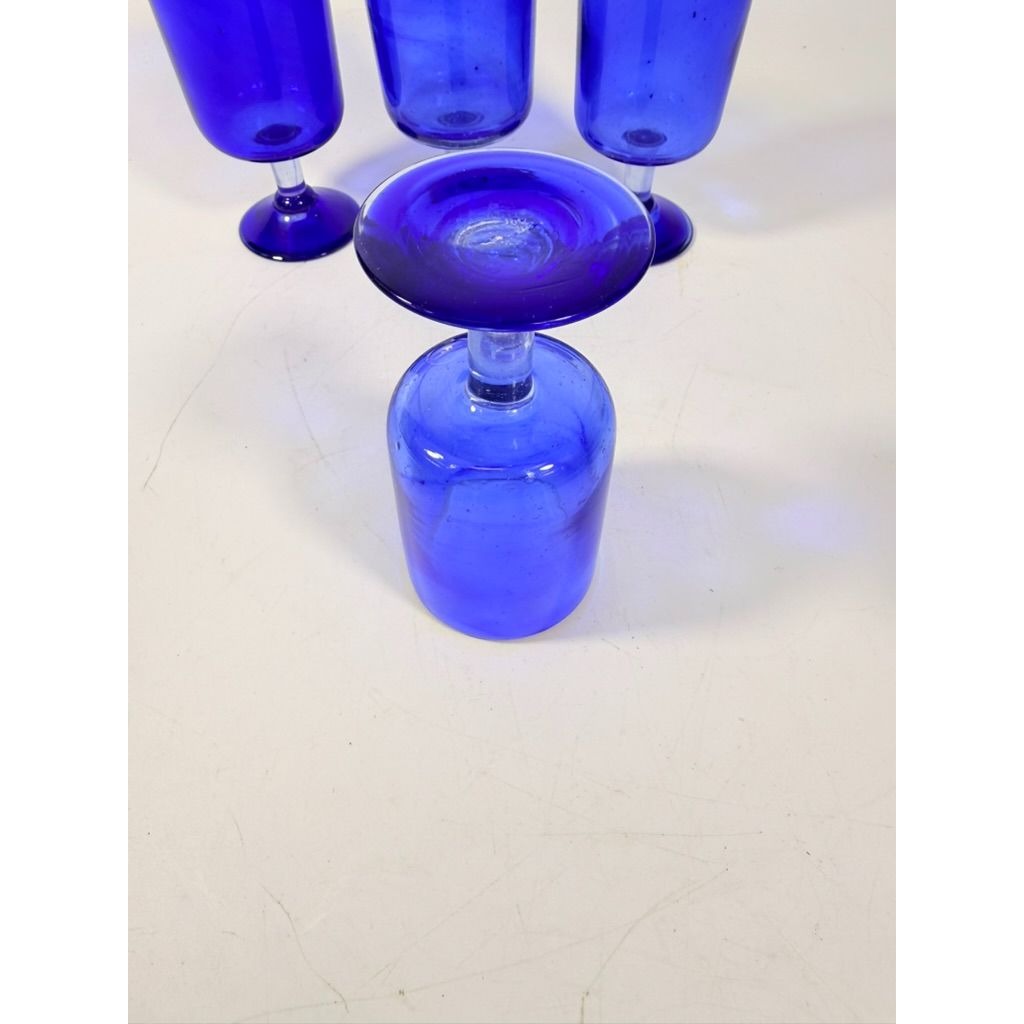 Wine Glasses Hand Blown Cobalt Blue  Set 4 Stemmed Glassware Collectible Barware Artisanal craftsmanship Wedding Gift Hostess Party