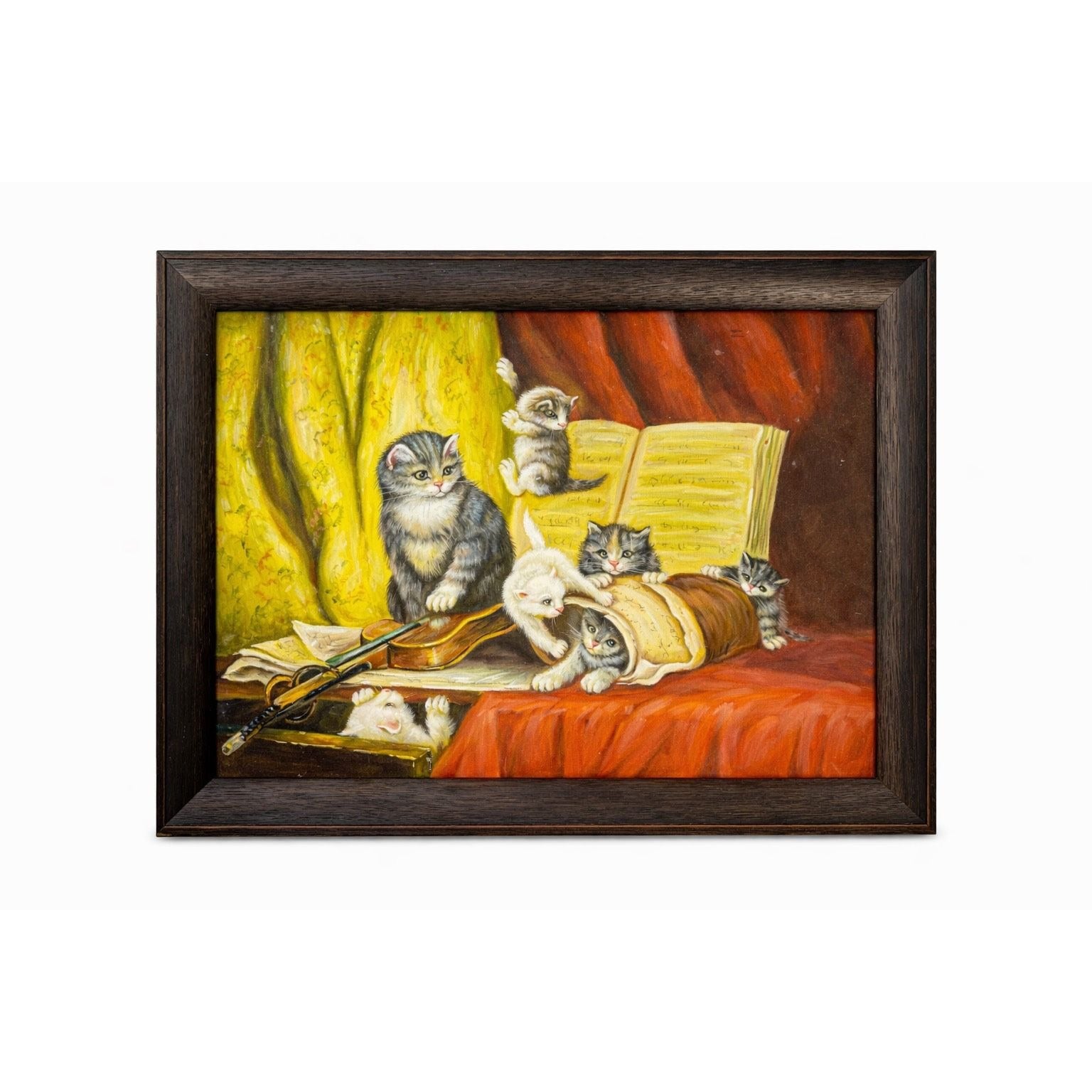 Oil Painting Art Cats Playing Musical Instrauments Framed Vintage Wall Home Decor Traditional Unique Wood Frame Music Room
