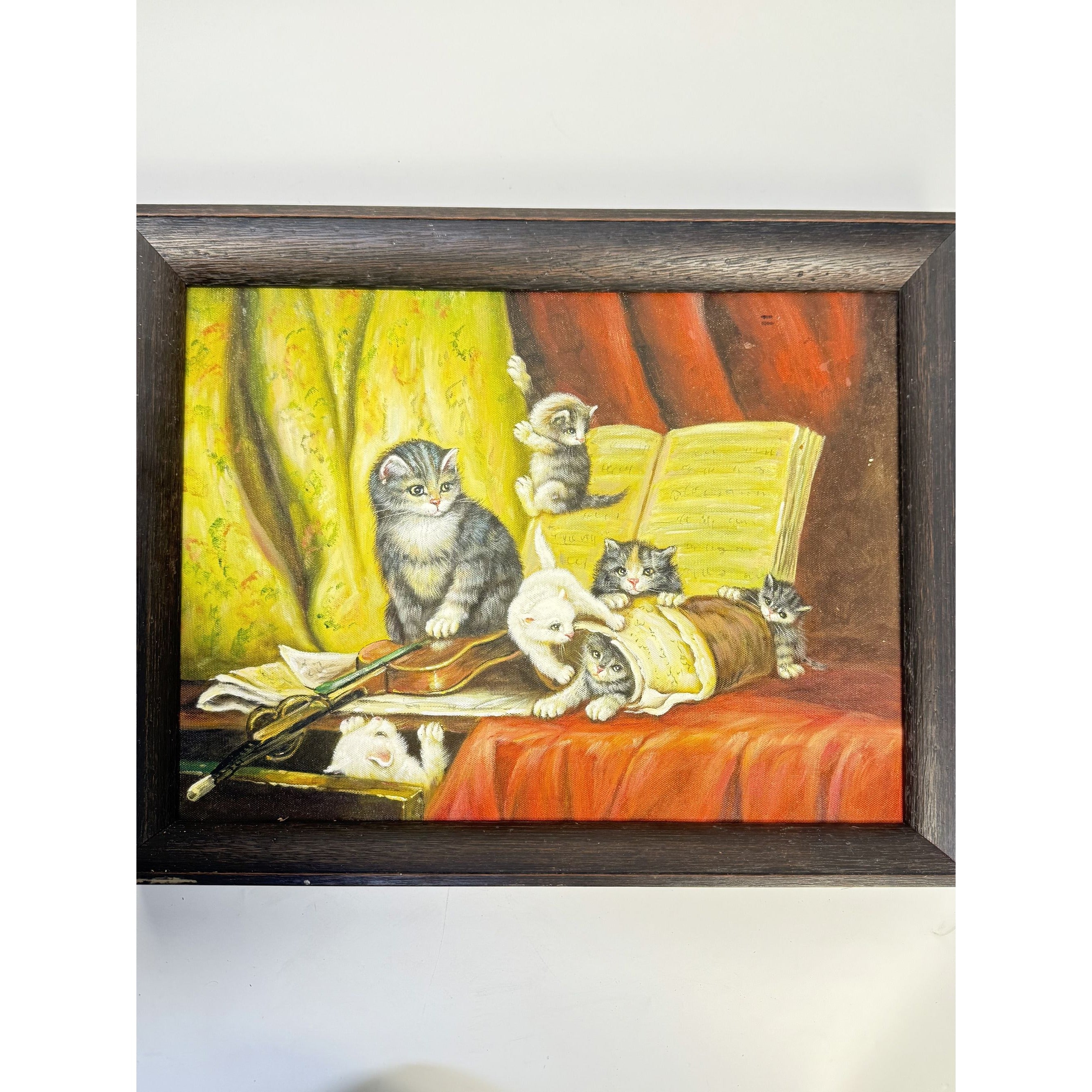 Oil Painting Art Cats Playing Musical Instrauments Framed Vintage Wall Home Decor Traditional Unique Wood Frame Music Room