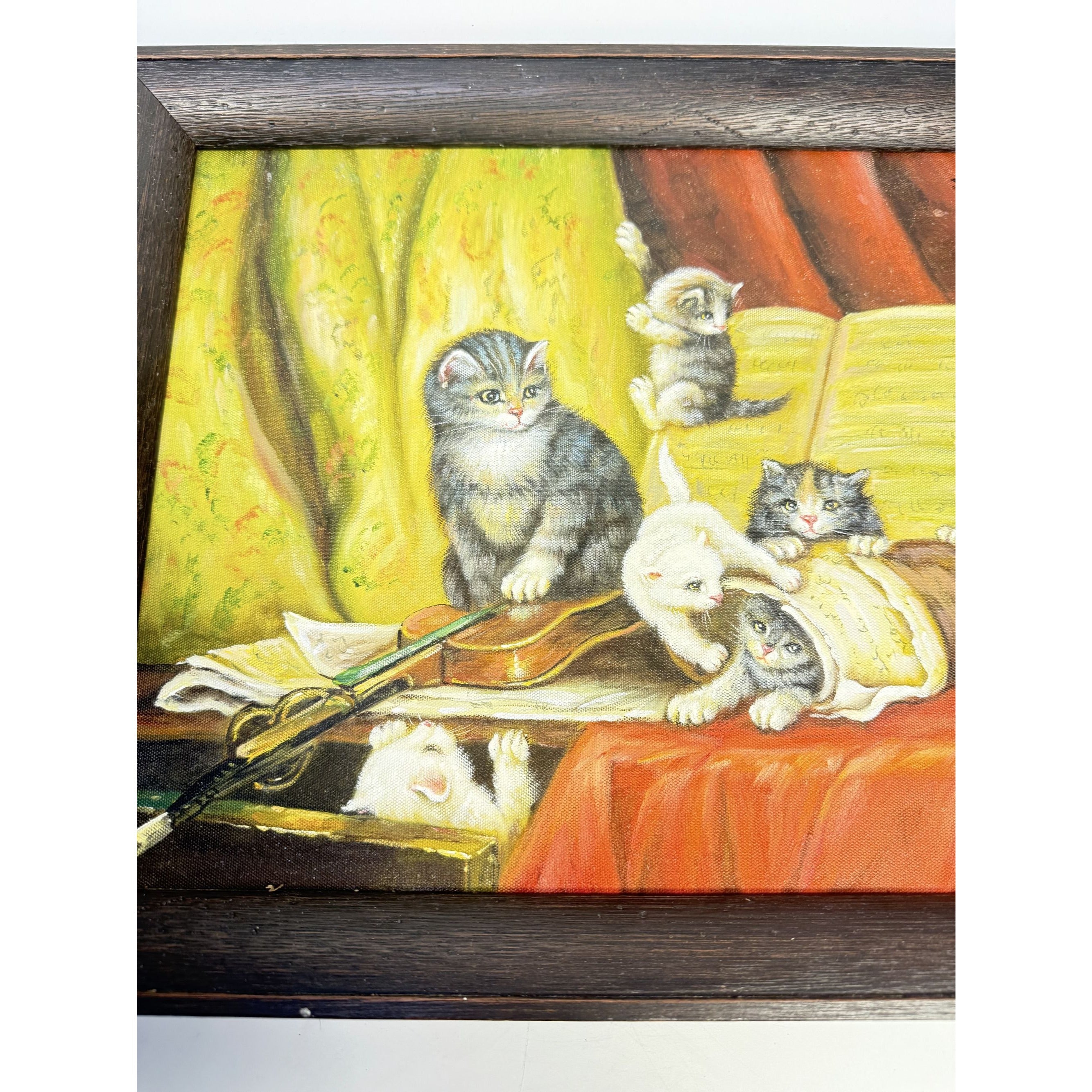 Oil Painting Art Cats Playing Musical Instrauments Framed Vintage Wall Home Decor Traditional Unique Wood Frame Music Room