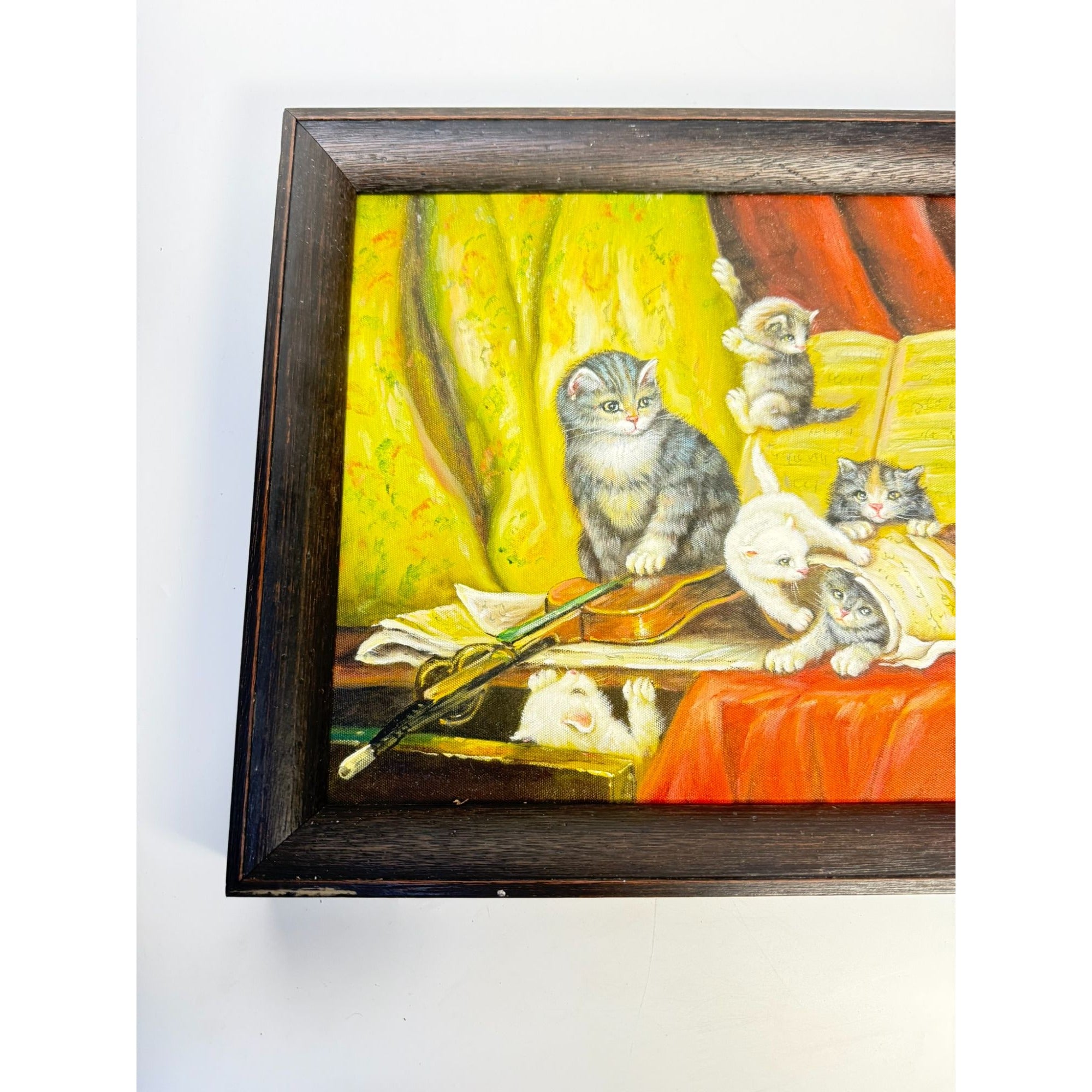 Oil Painting Art Cats Playing Musical Instrauments Framed Vintage Wall Home Decor Traditional Unique Wood Frame Music Room