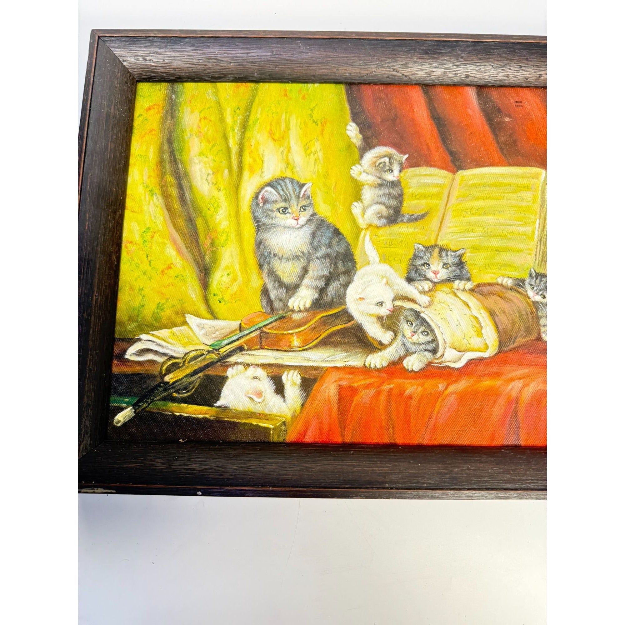 Oil Painting Art Cats Playing Musical Instrauments Framed Vintage Wall Home Decor Traditional Unique Wood Frame Music Room