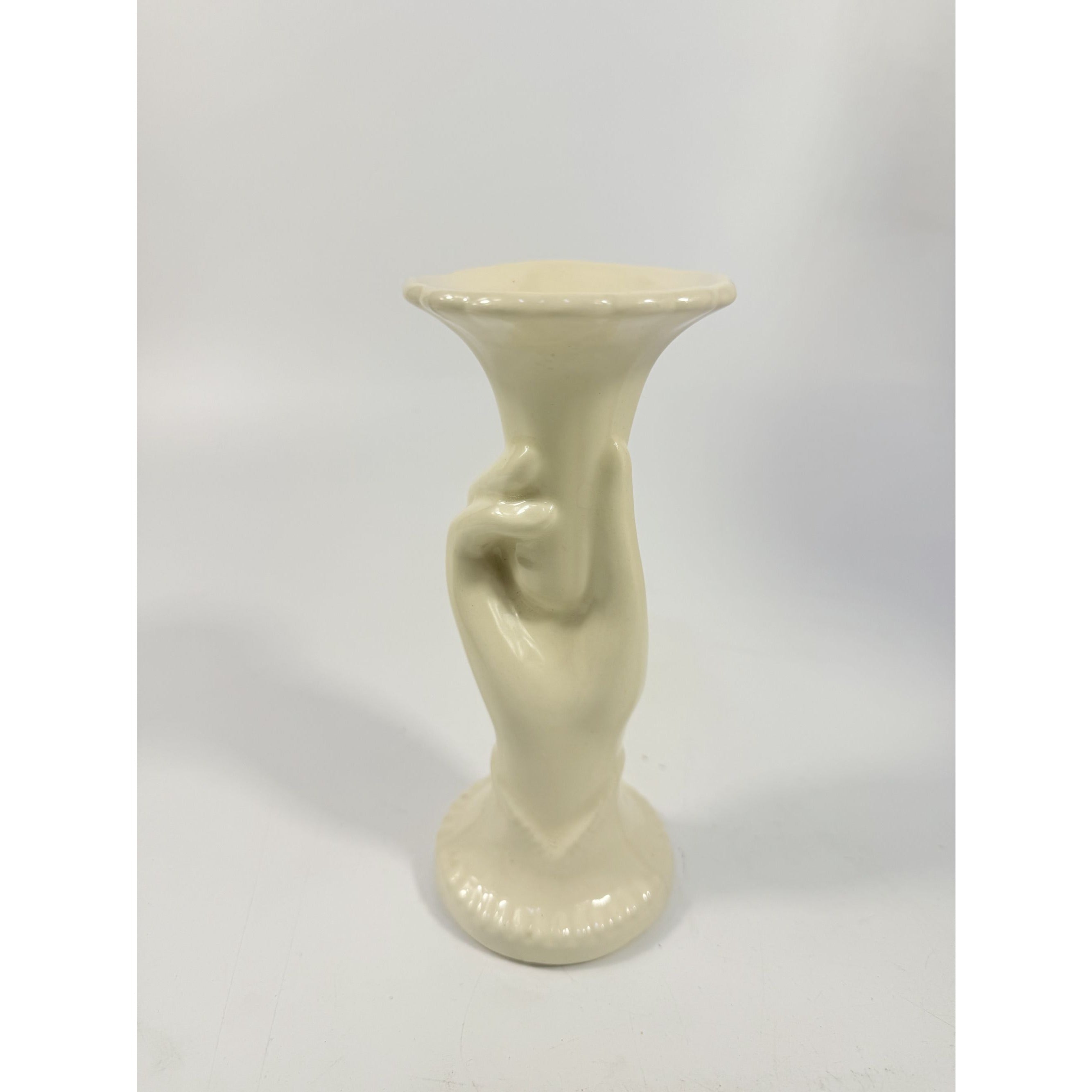 Pottery Vase Hand Shaped Shawnee Vintage USA Stamped Made Cream Off White Home Decor Decorative Accents Victorian Cottage Core
