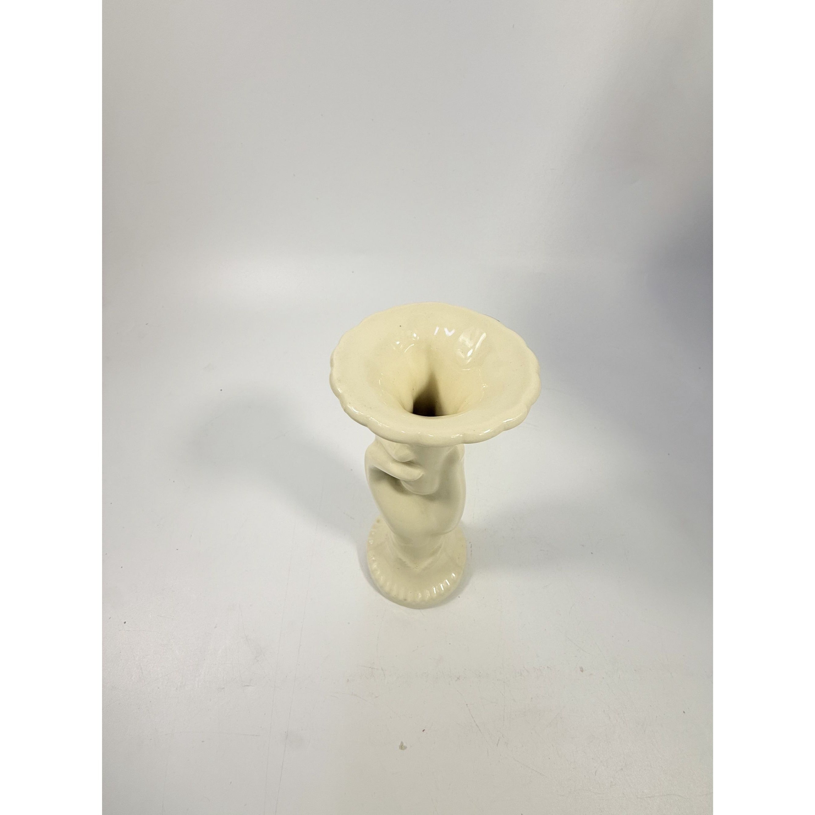Pottery Vase Hand Shaped Shawnee Vintage USA Stamped Made Cream Off White Home Decor Decorative Accents Victorian Cottage Core