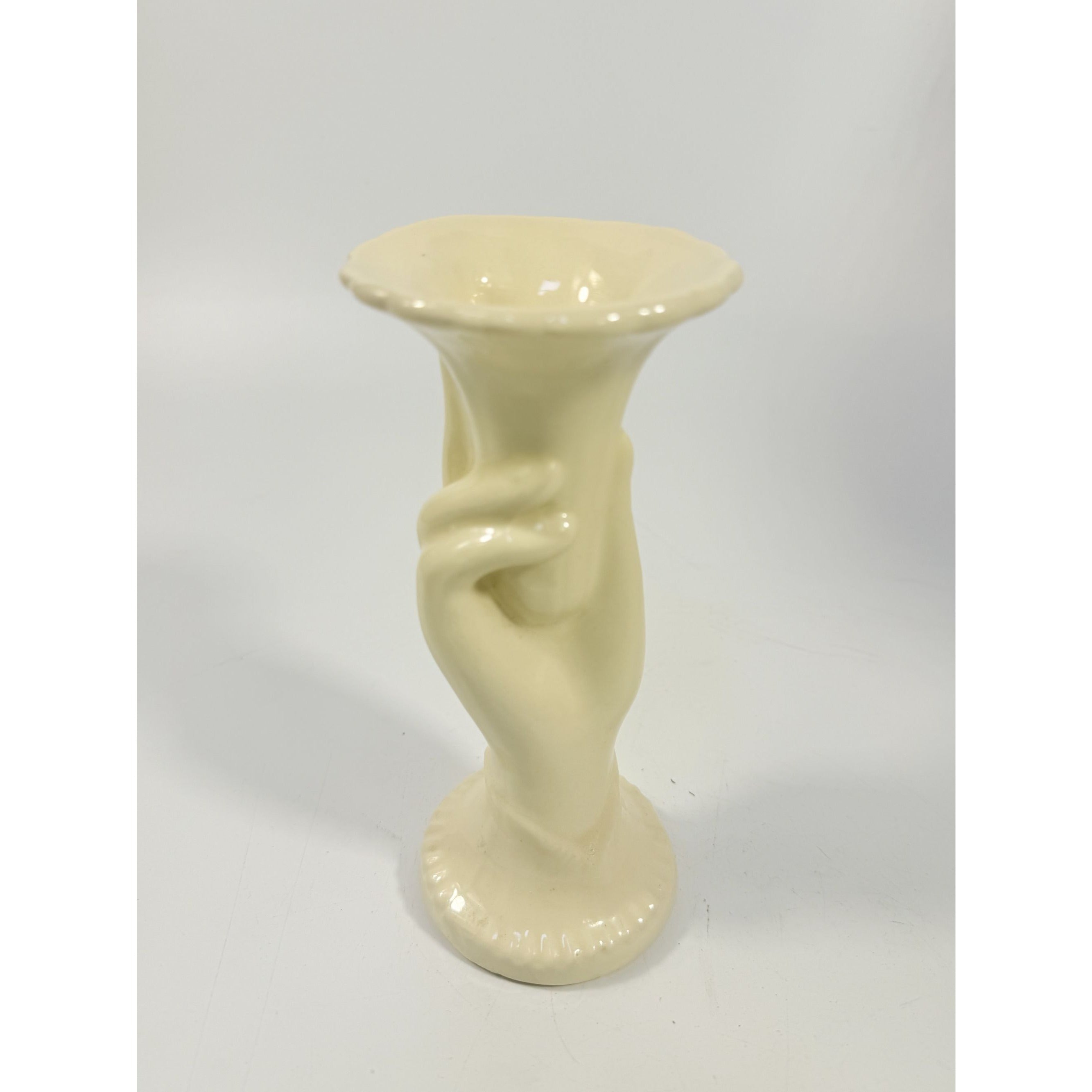Pottery Vase Hand Shaped Shawnee Vintage USA Stamped Made Cream Off White Home Decor Decorative Accents Victorian Cottage Core