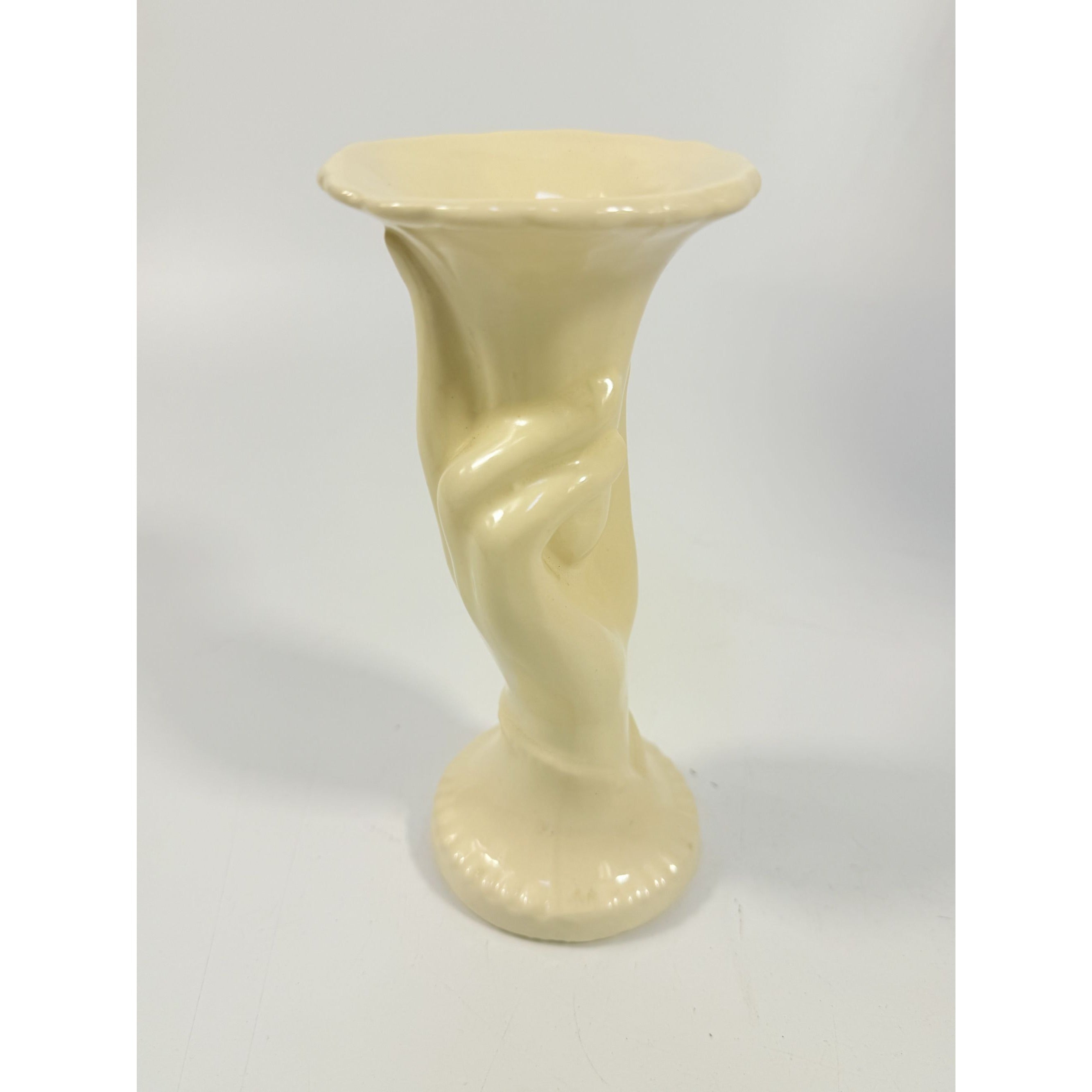 Pottery Vase Hand Shaped Shawnee Vintage USA Stamped Made Cream Off White Home Decor Decorative Accents Victorian Cottage Core