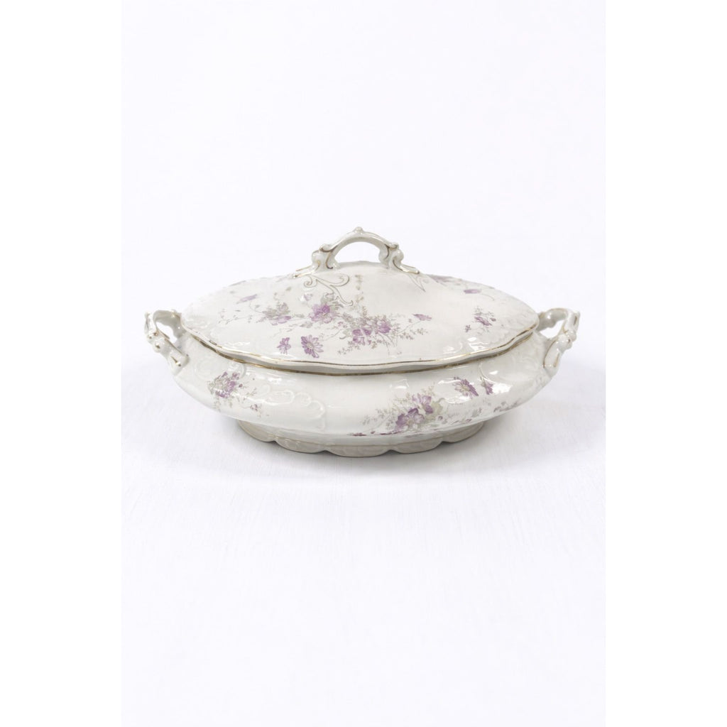 Limoges Floral Soup Tureen LS&S Carlsbad Austria Bone Purple Flowers Serving Pieces Replacement China Antique Hostess Collectible Gold Trim