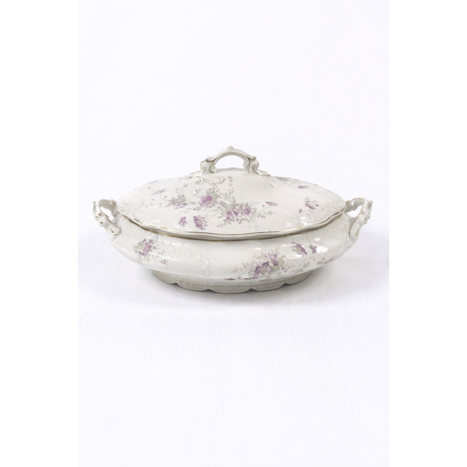 Limoges Floral Soup Tureen LS&S Carlsbad Austria Bone Purple Flowers Serving Pieces Replacement China Antique Hostess Collectible Gold Trim