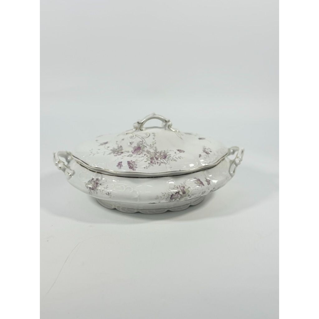 Limoges Floral Soup Tureen LS&S Carlsbad Austria Bone Purple Flowers Serving Pieces Replacement China Antique Hostess Collectible Gold Trim