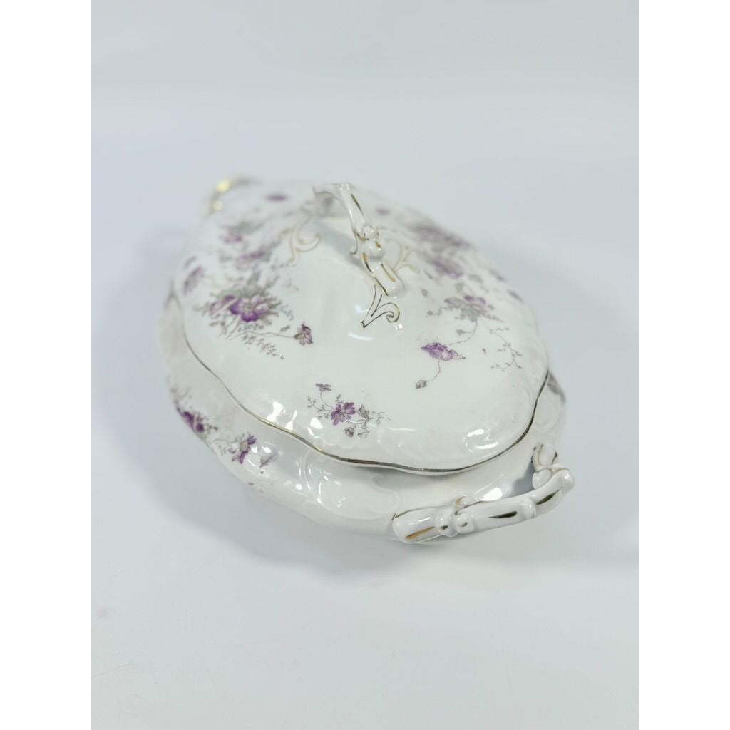 Limoges Floral Soup Tureen LS&S Carlsbad Austria Bone Purple Flowers Serving Pieces Replacement China Antique Hostess Collectible Gold Trim