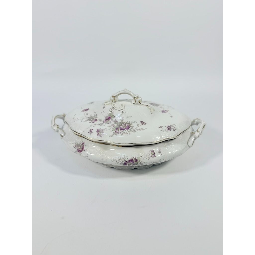 Limoges Floral Soup Tureen LS&S Carlsbad Austria Bone Purple Flowers Serving Pieces Replacement China Antique Hostess Collectible Gold Trim