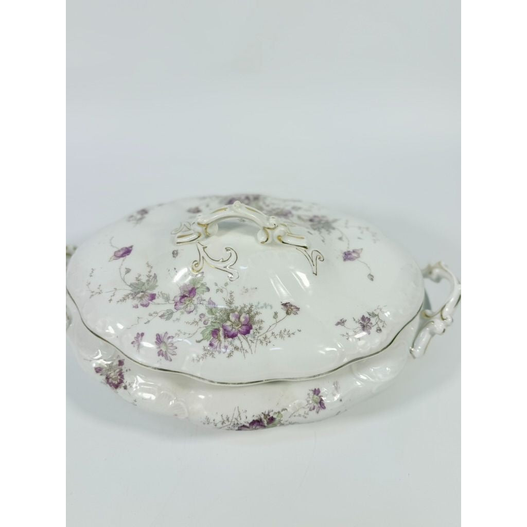 Limoges Floral Soup Tureen LS&S Carlsbad Austria Bone Purple Flowers Serving Pieces Replacement China Antique Hostess Collectible Gold Trim