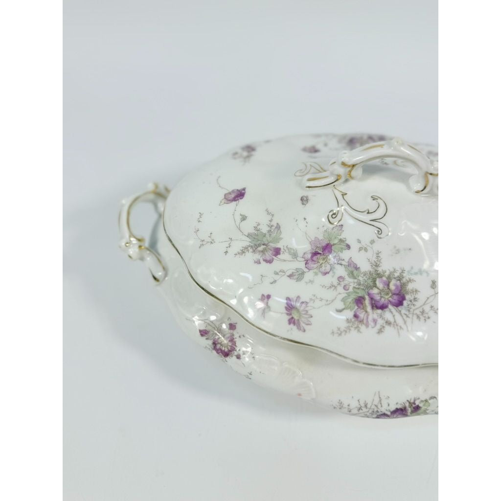 Limoges Floral Soup Tureen LS&S Carlsbad Austria Bone Purple Flowers Serving Pieces Replacement China Antique Hostess Collectible Gold Trim